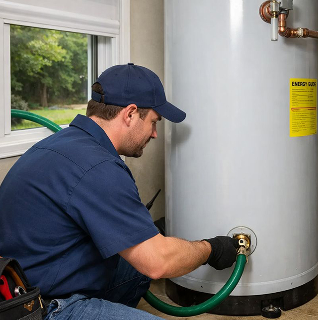 Water heater maintenance service flushing sediment and inspecting tank system
